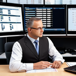**Prompt 1: The Evolving Tax Advisor - Blending Tradition with Technology**
    A highly professional tax advisor, mid-career (40s), seated at a modern desk. On one side, a traditional stack of physical tax files and a calculator, contrasting with a sleek laptop displaying complex digital dashboards, e-filing interfaces, and subtle AI-generated charts on multiple screens. The advisor is intently focused on the digital displays, with a thoughtful, expert expression, perhaps gesturing towards a screen with an air of efficiency and control. The background is a sophisticated, tech-infused office with soft, modern lighting, hinting at global financial data or digital networks. Emphasize the seamless integration of old and new tools in a dynamic, forward-thinking professional environment.