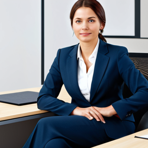 Home 8 ** A professional businesswoman in a modest business suit, sitting at a desk in a modern office, fully clothed, appropriate attire, safe for work, perfect anatomy, natural proportions, professional photography, high quality.
**