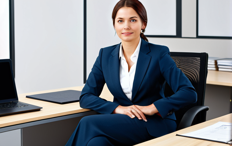** A professional businesswoman in a modest business suit, sitting at a desk in a modern office, fully clothed, appropriate attire, safe for work, perfect anatomy, natural proportions, professional photography, high quality.

**