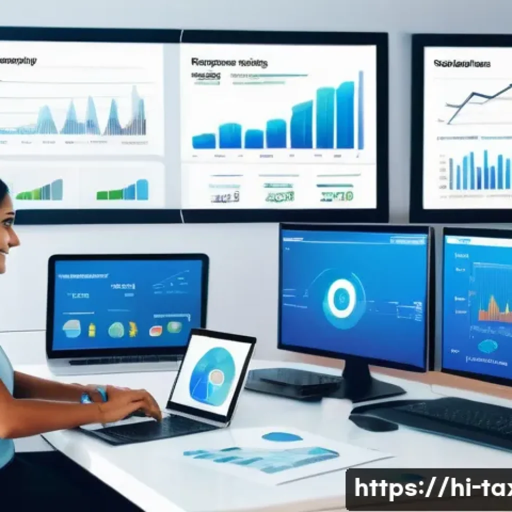세무사와 감사 절차 혁신 - A modern financial office scene featuring diverse Indian professionals using digital tools like clou...