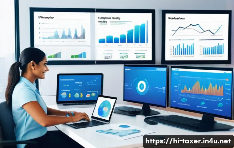 세무사와 감사 절차 혁신 - A modern financial office scene featuring diverse Indian professionals using digital tools like clou...
