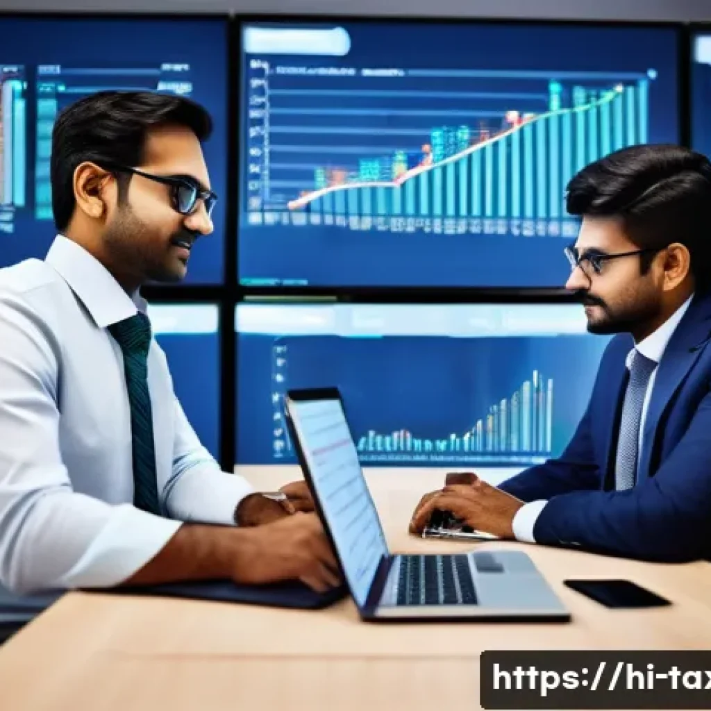 세무사와 세무회계의 융합 - A professional Indian tax advisor and accountant collaborating in a modern office setting, surrounde...