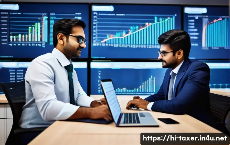 세무사와 세무회계의 융합 - A professional Indian tax advisor and accountant collaborating in a modern office setting, surrounde...