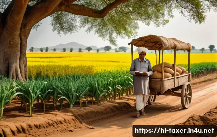 세무사와 농업 세금 지원 - A detailed and vibrant rural Indian farming scene featuring a middle-aged Hindi-speaking farmer in t...