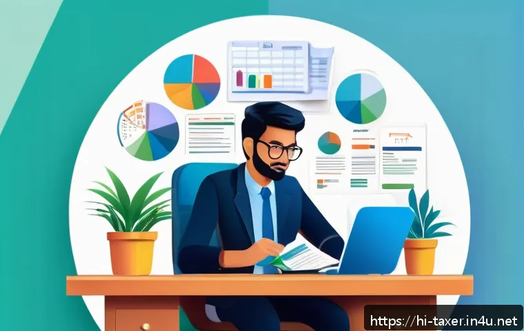 세무사와 연말정산 서비스 - A detailed and vibrant digital illustration depicting a Hindi-speaking Indian professional sitting a...