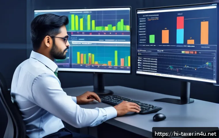 세무사와 AI 기술 융합 - A modern office scene showing an Indian tax professional working efficiently with AI-powered tools o...