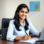 Home 18 세무사 경력직 이직 팁 - A professional Indian woman in her early 30s, dressed in smart casual office attire, confidently pre...