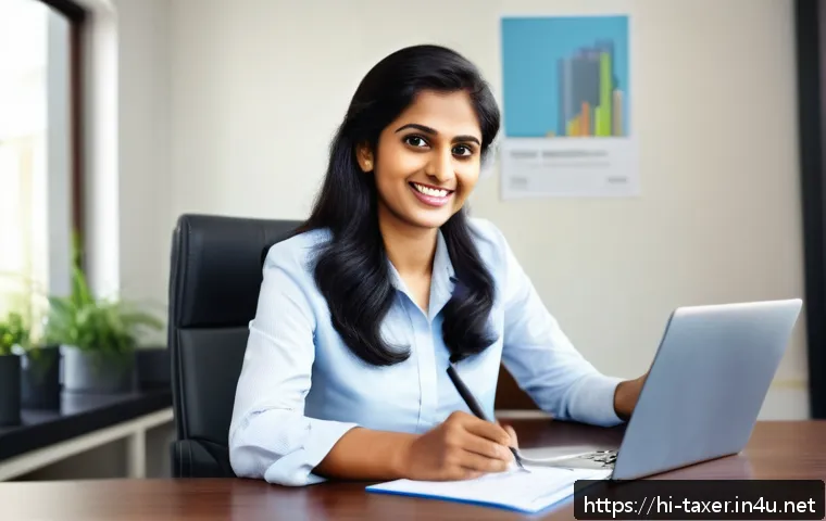 세무사 경력직 이직 팁 - A professional Indian woman in her early 30s, dressed in smart casual office attire, confidently pre...