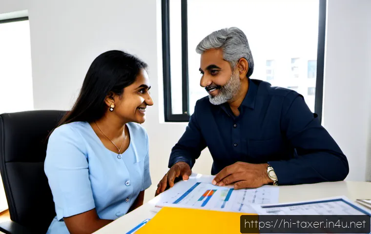 세무사와 소득세 절세 사례 - Photorealistic Indian tax consultant meeting with a middle-aged Hindi-speaking couple in a bright mo...