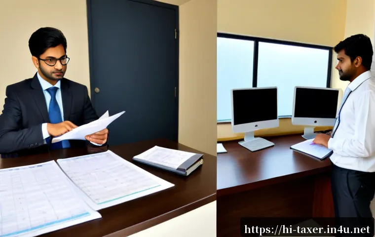 Home 17 세무사와 회계사의 차이 - Photorealistic split-scene comparison in a modern Indian financial office: on the left, a tax profes...