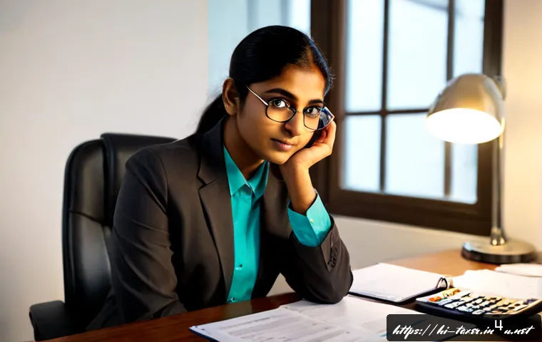 Home 17 세무사와 윤리적 딜레마 - Photorealistic Indian tax consultant in a modest modern office, seated at a clean desk between two c...